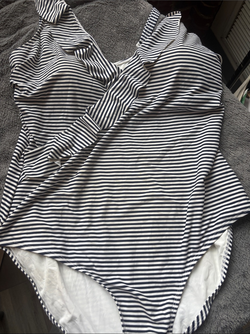 Women’s Navy & White Striped One-Piece Swimsuit with Ruffle Detail